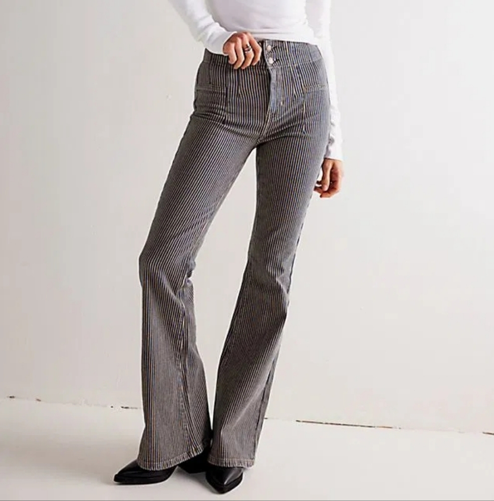 Free People Blue and Tan Striped Flared Pants Size 29